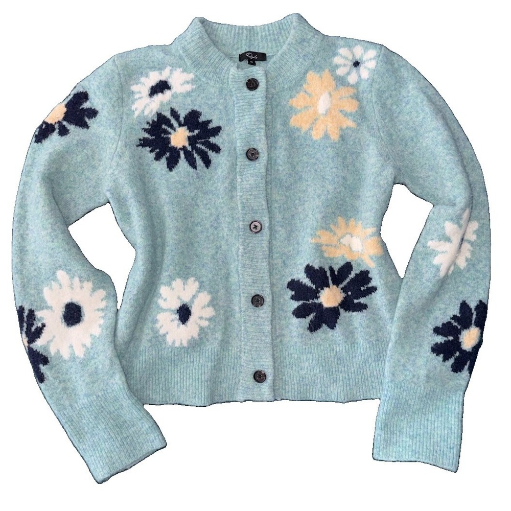 Rails Millie Cardigan In Heather Teal Wool Blend Flower Sweater Size XS